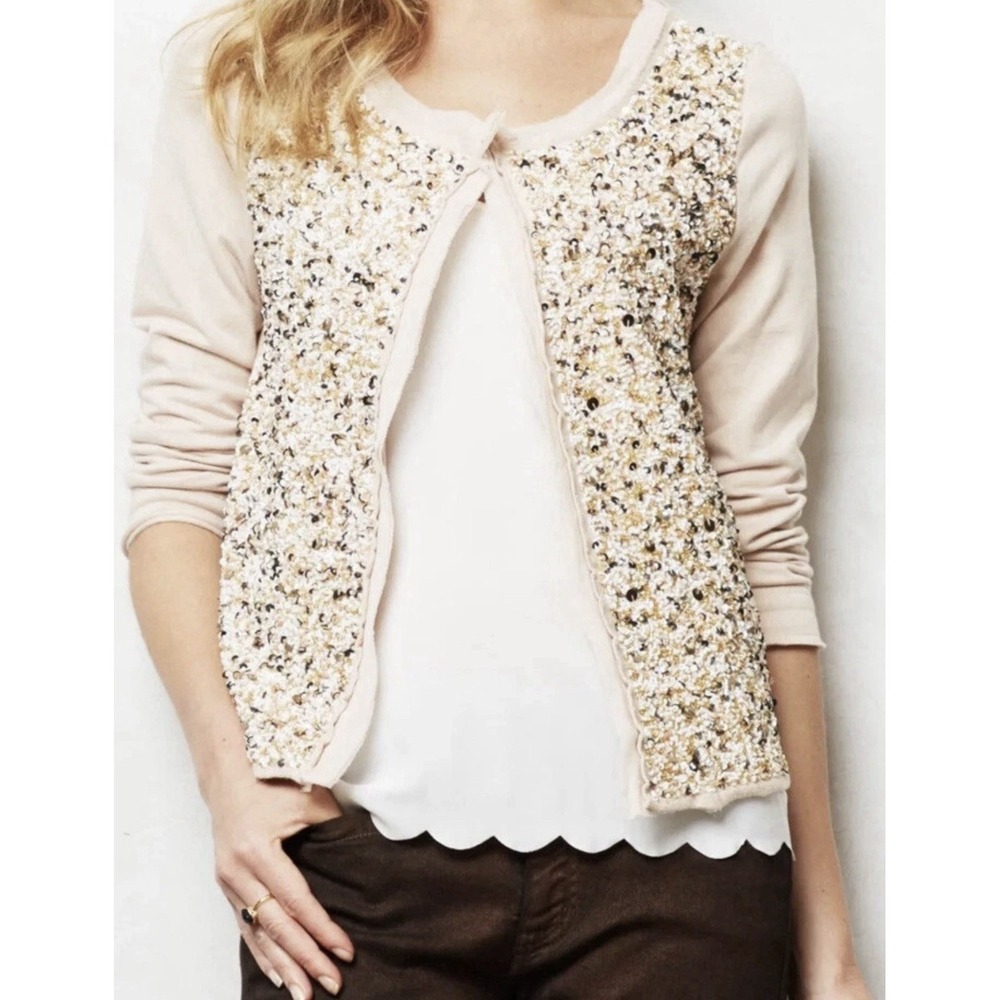 Postmark Anthropologie Women's Pink Paillette Cardigan 3/4 Sleeves Sz Large $148